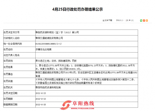 涉嫌非法占地 国企阜阳交通能源投资有限公司被多项处罚